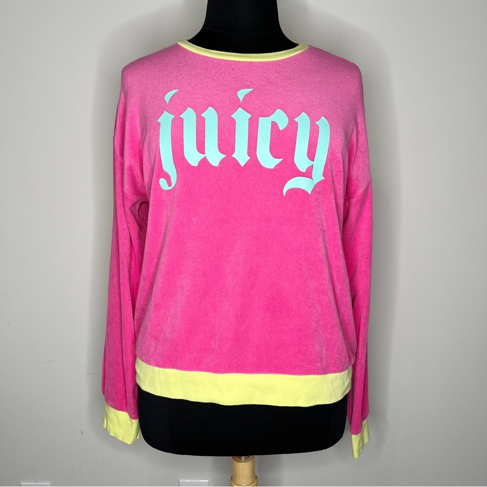 Juicy Couture Y2K Pink & Yellow Terry Cloth Pullover Drop Shoulder Sweatshirt XL